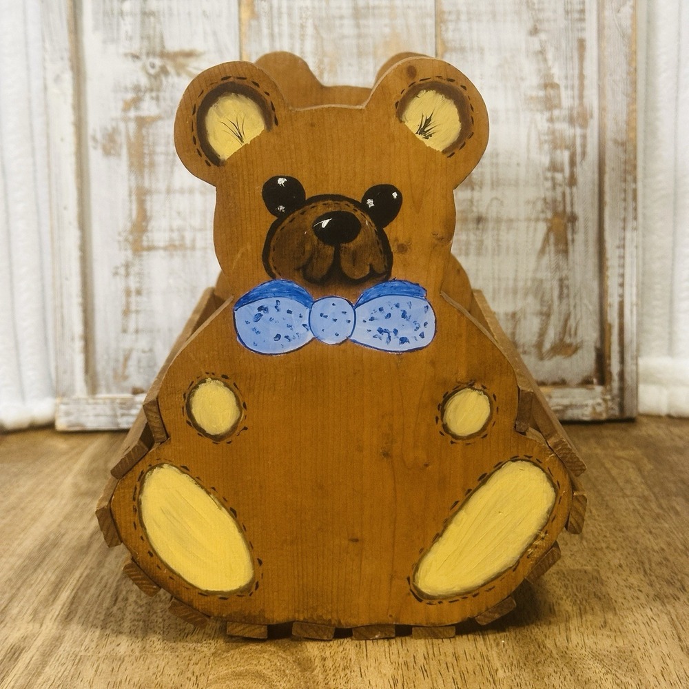 Vintage Hand‎ Painted Basket, Bear With Blue Bow, Nursery, Baby Boy